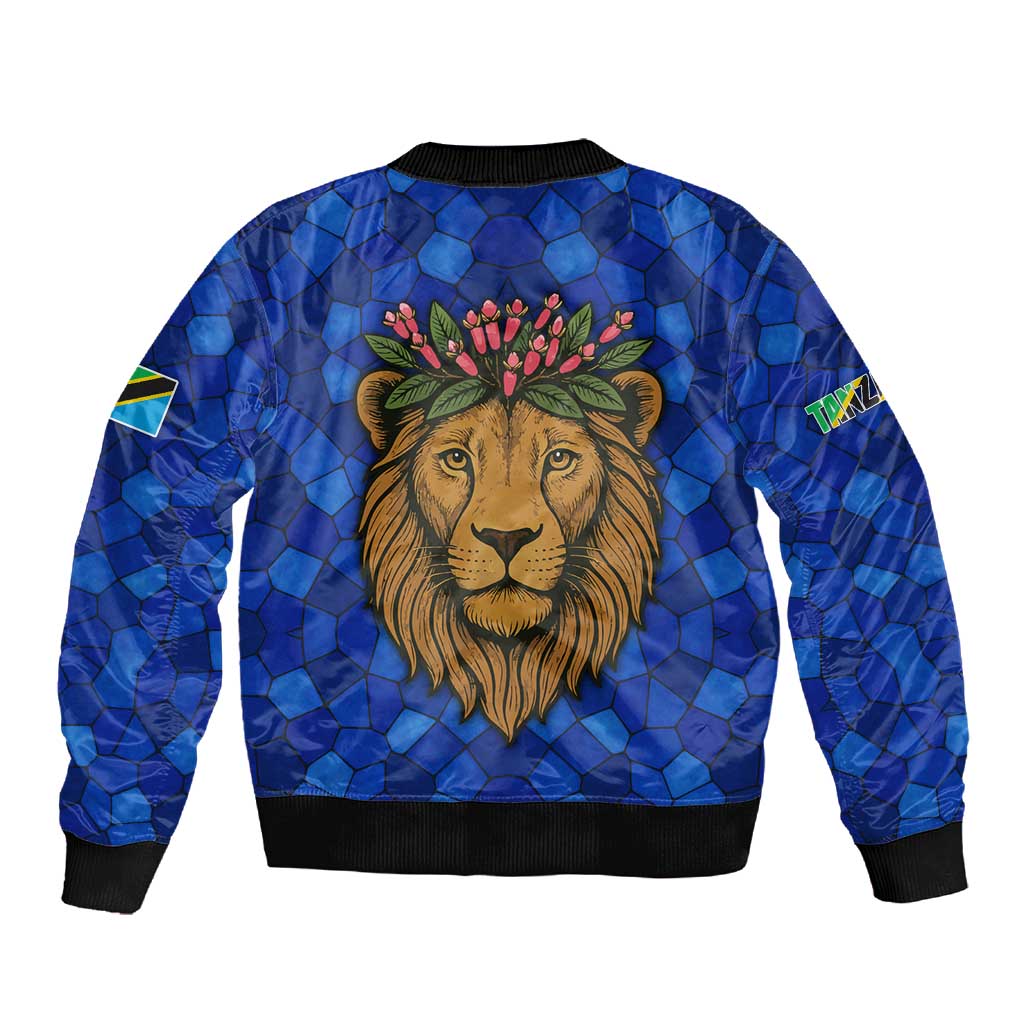 Tanzania Simba Lion Sleeve Zip Bomber Jacket - Floral Crown and Blue Mosaic Design