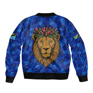 Tanzania Simba Lion Sleeve Zip Bomber Jacket - Floral Crown and Blue Mosaic Design