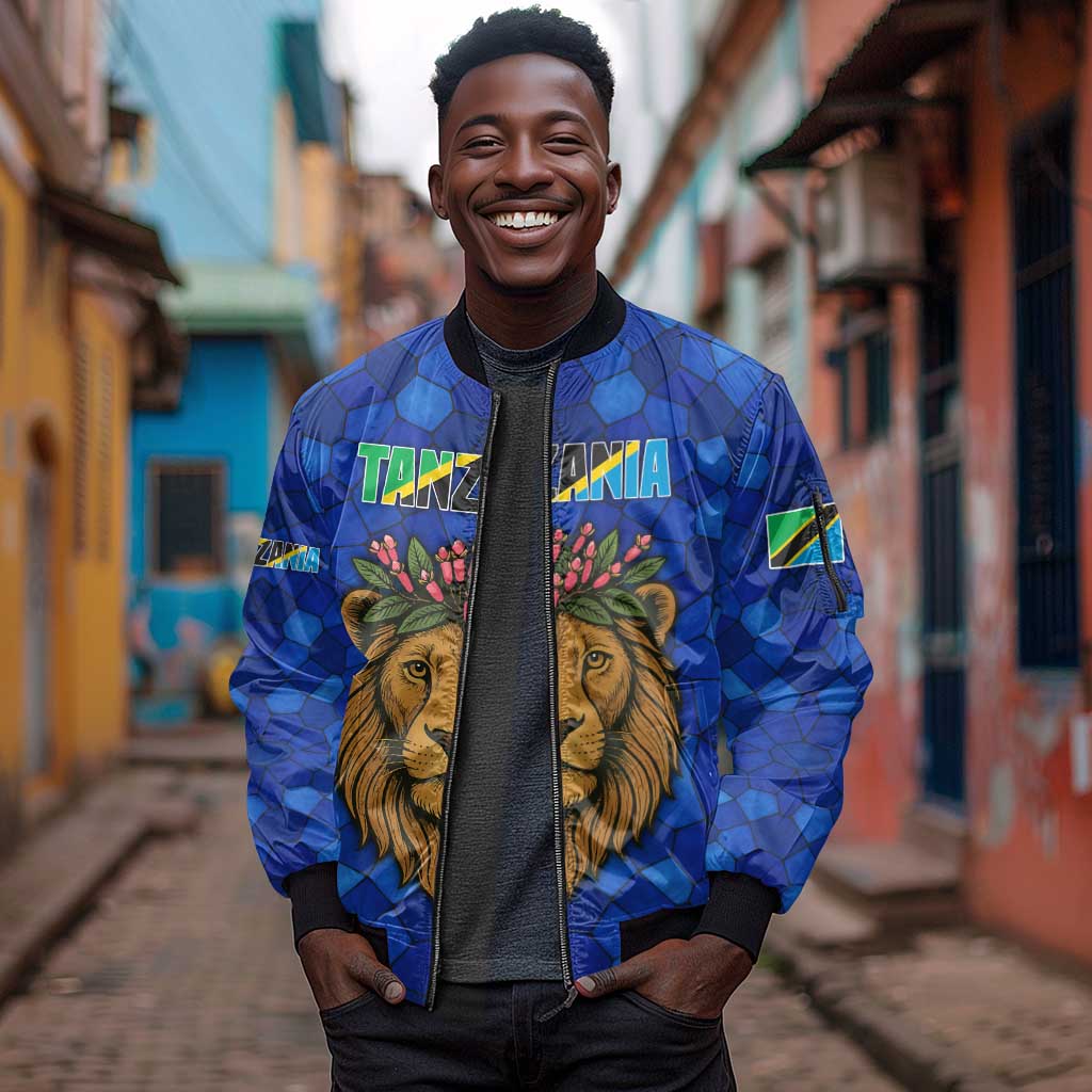 Tanzania Simba Lion Sleeve Zip Bomber Jacket - Floral Crown and Blue Mosaic Design