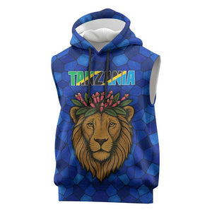 Tanzania Simba Lion Sleeveless Hoodie - Floral Crown and Blue Mosaic Design - African Pride