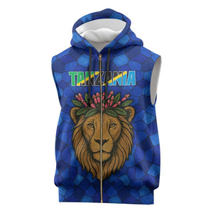 Tanzania Simba Lion Sleeveless Zip Hoodie - Floral Crown and Blue Mosaic Design - African Pride