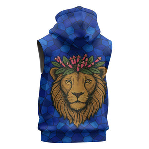 Tanzania Simba Lion Sleeveless Zip Hoodie - Floral Crown and Blue Mosaic Design - African Pride