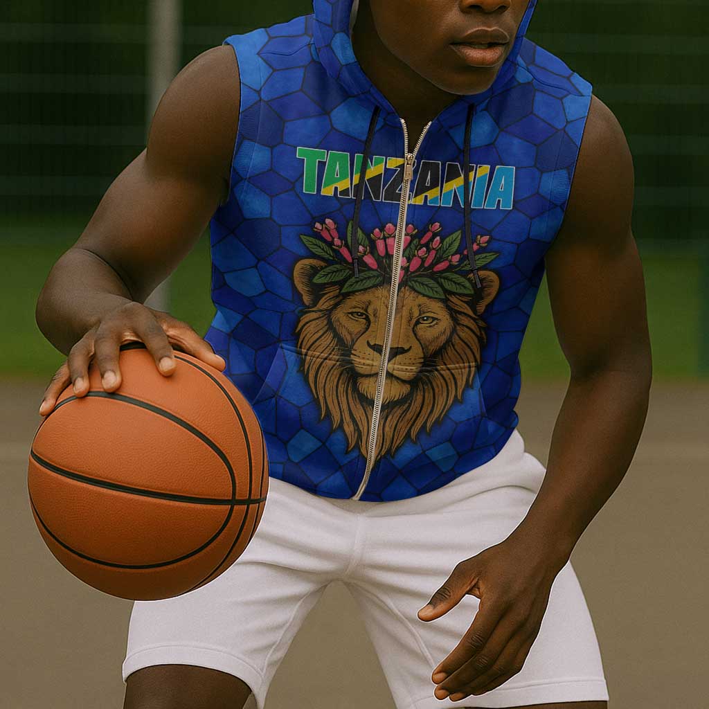 Tanzania Simba Lion Sleeveless Zip Hoodie - Floral Crown and Blue Mosaic Design - African Pride