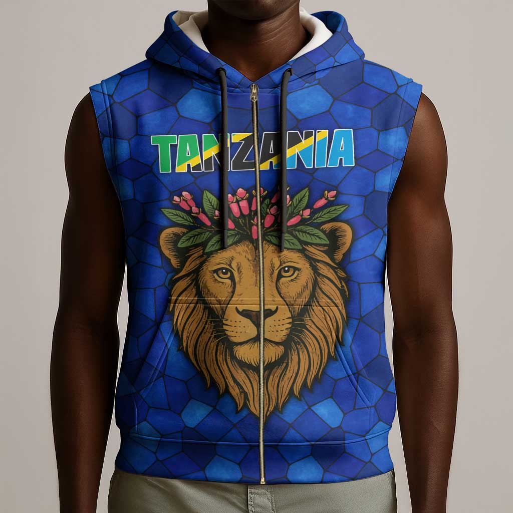 Tanzania Simba Lion Sleeveless Zip Hoodie - Floral Crown and Blue Mosaic Design - African Pride