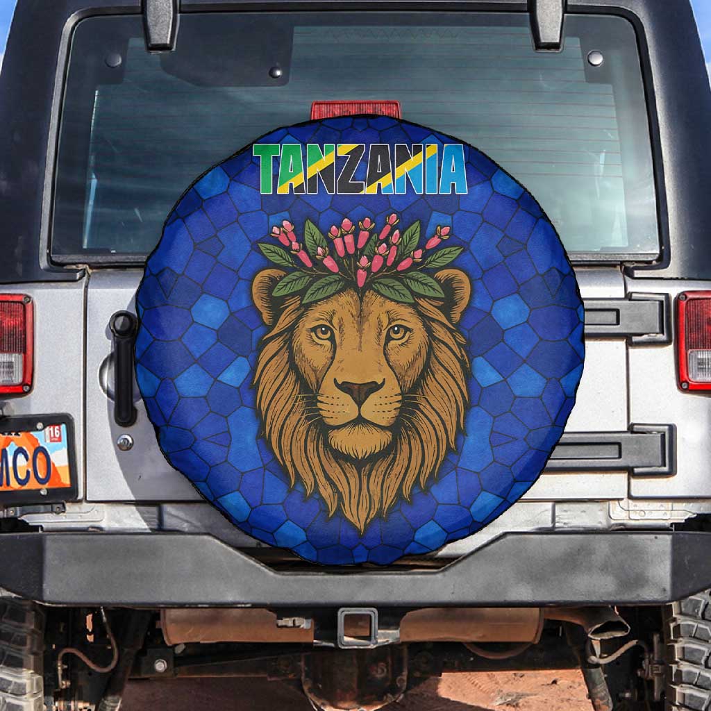 Tanzania Simba Lion Spare Tire Cover - Floral Crown and Blue Mosaic Design