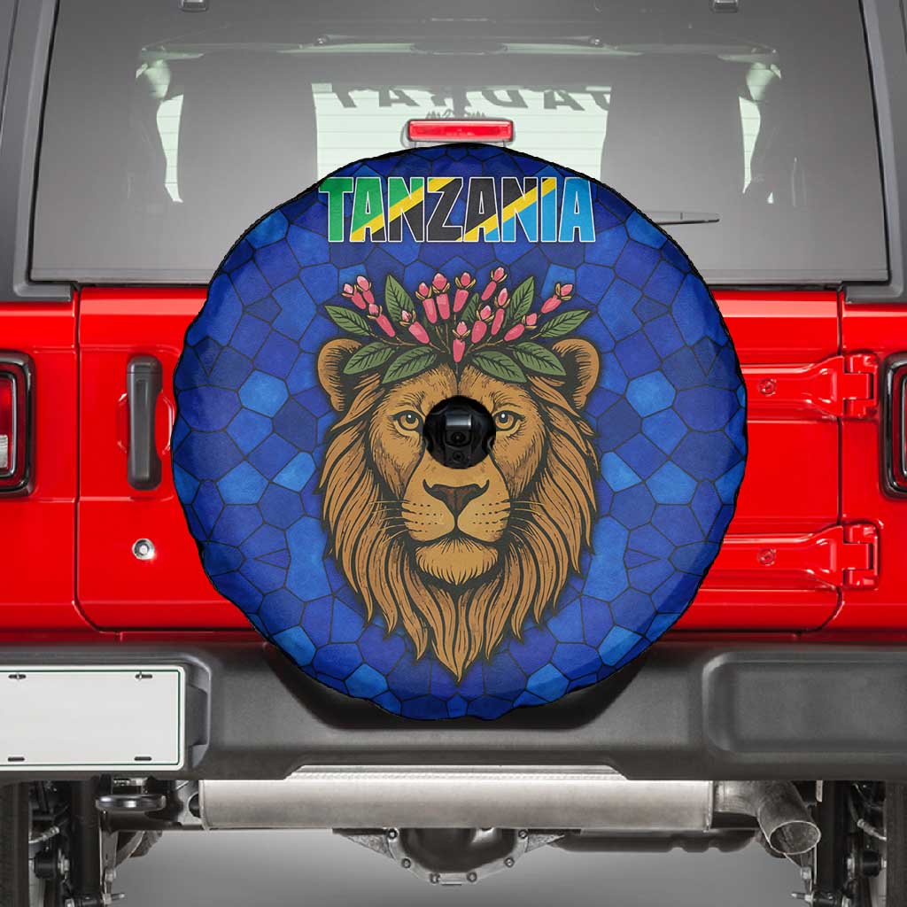Tanzania Simba Lion Spare Tire Cover - Floral Crown and Blue Mosaic Design