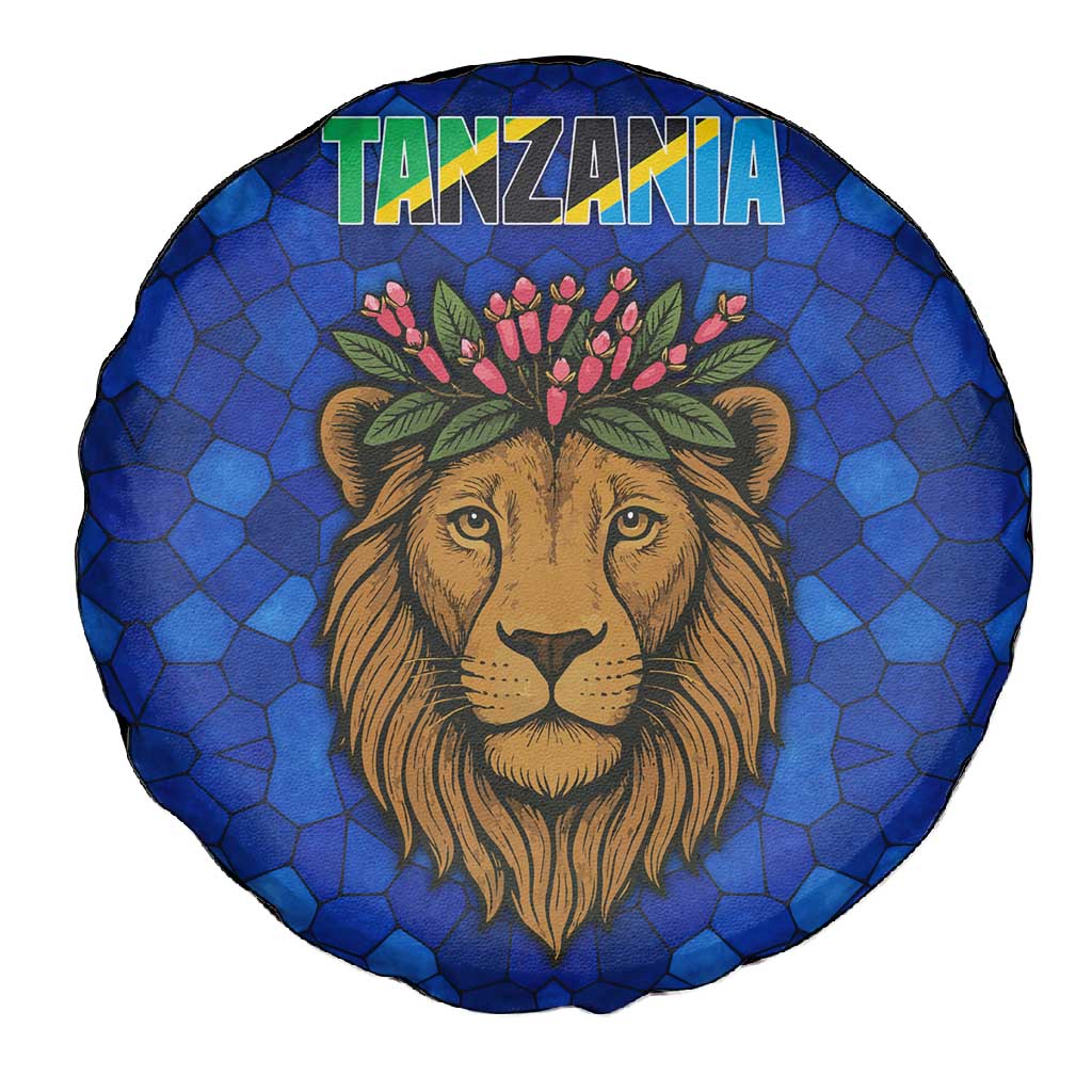 Tanzania Simba Lion Spare Tire Cover - Floral Crown and Blue Mosaic Design