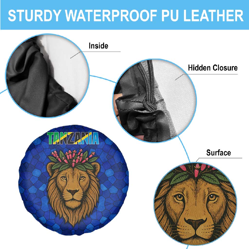 Tanzania Simba Lion Spare Tire Cover - Floral Crown and Blue Mosaic Design
