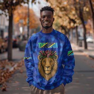 Tanzania Simba Lion Sweatshirt - Floral Crown and Blue Mosaic Design
