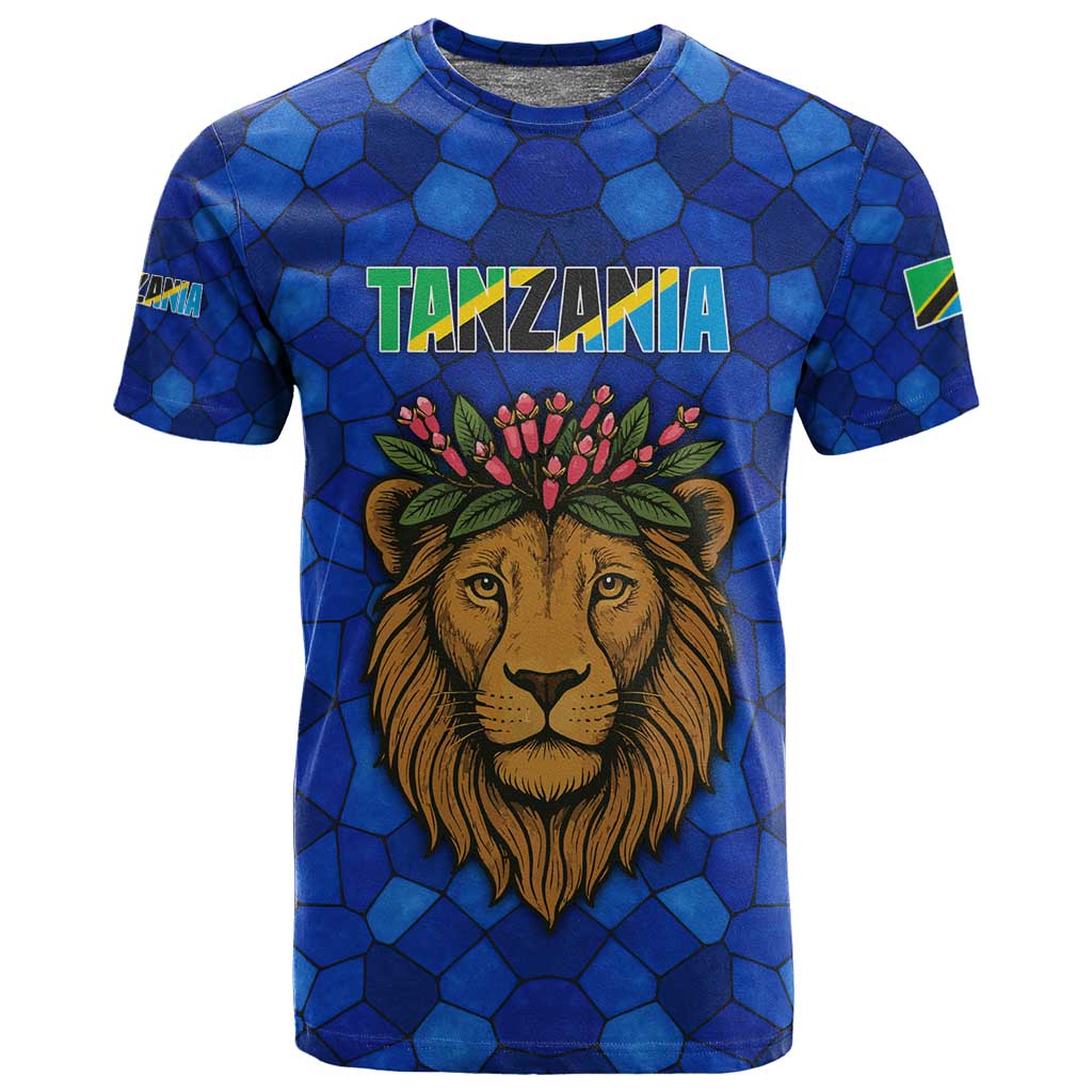 Tanzania Simba Lion T shirt - Floral Crown and Blue Mosaic Design