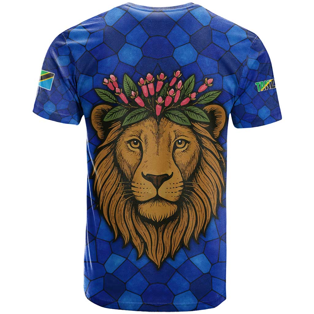 Tanzania Simba Lion T shirt - Floral Crown and Blue Mosaic Design