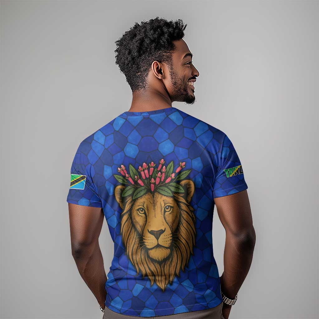 Tanzania Simba Lion T shirt - Floral Crown and Blue Mosaic Design