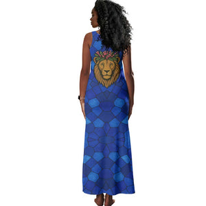 Tanzania Simba Lion Tank Maxi Dress - Floral Crown and Blue Mosaic Design