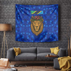 Tanzania Simba Lion Tapestry - Floral Crown and Blue Mosaic Design
