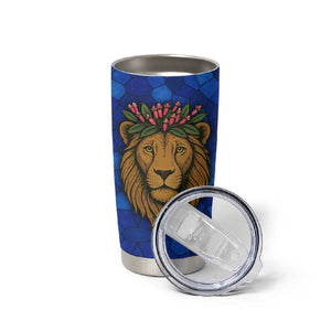 Tanzania Simba Lion Tumbler Cup - Floral Crown and Blue Mosaic Design