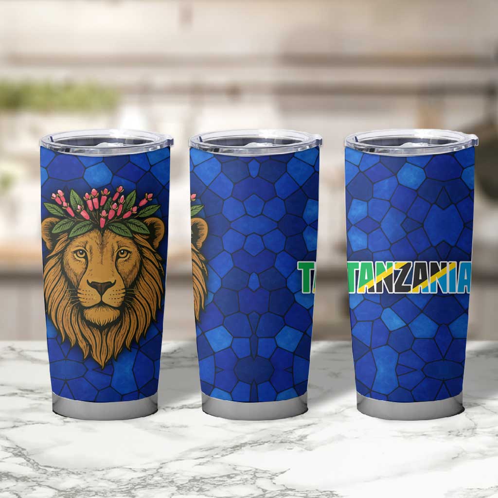 Tanzania Simba Lion Tumbler Cup - Floral Crown and Blue Mosaic Design