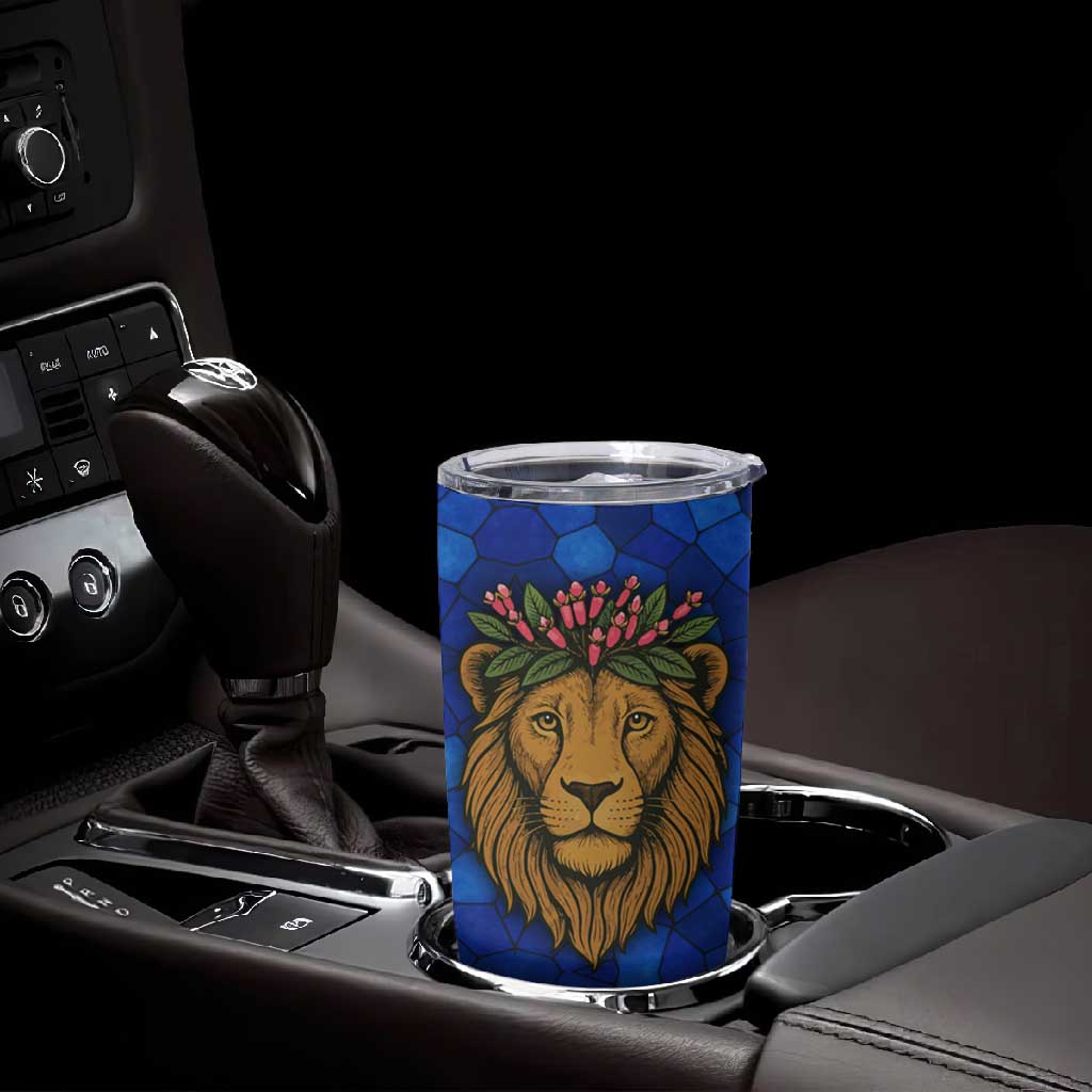 Tanzania Simba Lion Tumbler Cup - Floral Crown and Blue Mosaic Design