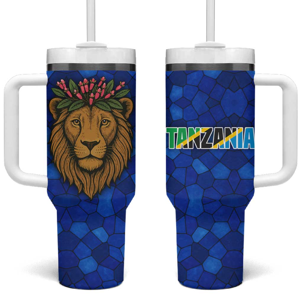 Tanzania Simba Lion Tumbler With Handle - Floral Crown and Blue Mosaic Design