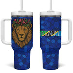 Tanzania Simba Lion Tumbler With Handle - Floral Crown and Blue Mosaic Design
