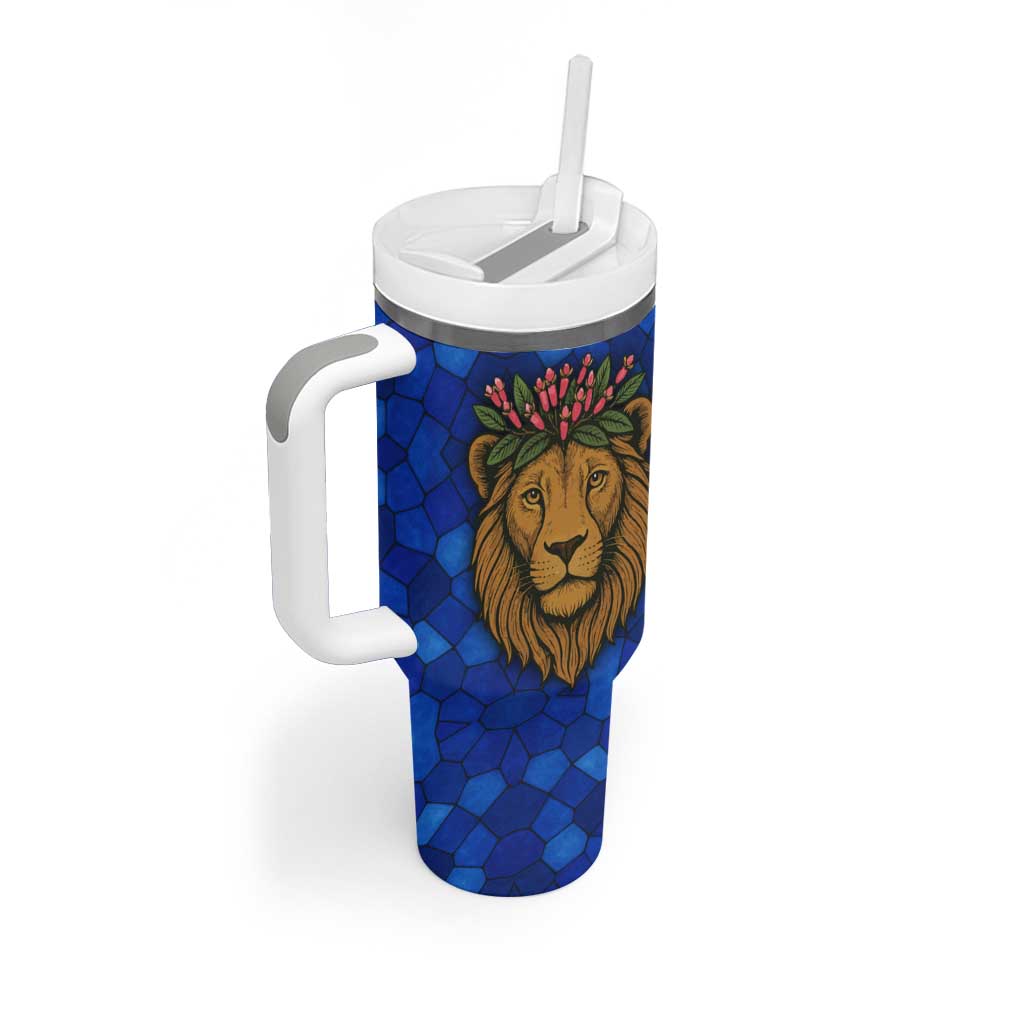 Tanzania Simba Lion Tumbler With Handle - Floral Crown and Blue Mosaic Design