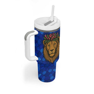Tanzania Simba Lion Tumbler With Handle - Floral Crown and Blue Mosaic Design