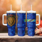 Tanzania Simba Lion Tumbler With Handle - Floral Crown and Blue Mosaic Design