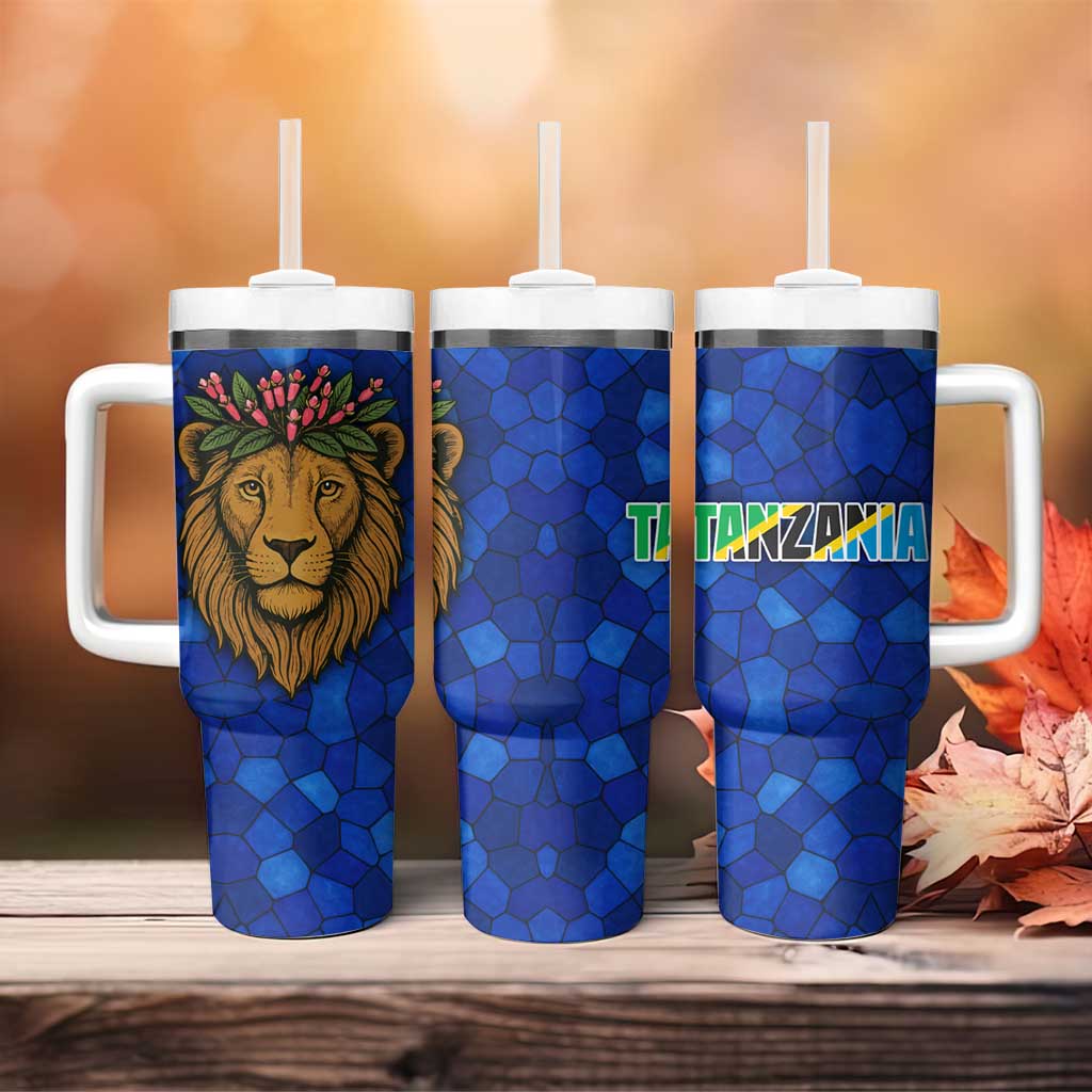 Tanzania Simba Lion Tumbler With Handle - Floral Crown and Blue Mosaic Design