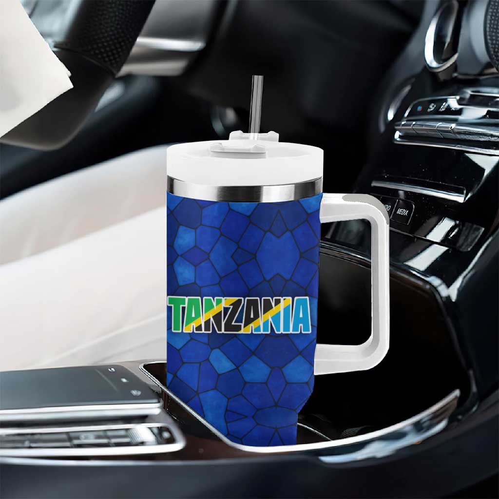 Tanzania Simba Lion Tumbler With Handle - Floral Crown and Blue Mosaic Design