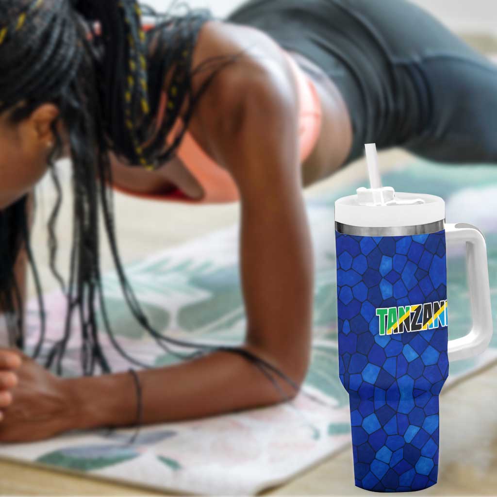 Tanzania Simba Lion Tumbler With Handle - Floral Crown and Blue Mosaic Design