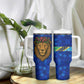 Tanzania Simba Lion Tumbler With Handle - Floral Crown and Blue Mosaic Design