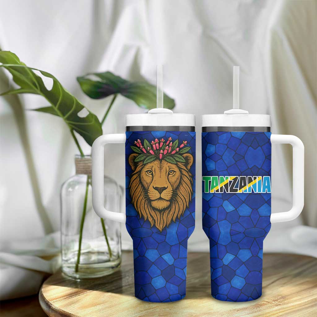 Tanzania Simba Lion Tumbler With Handle - Floral Crown and Blue Mosaic Design