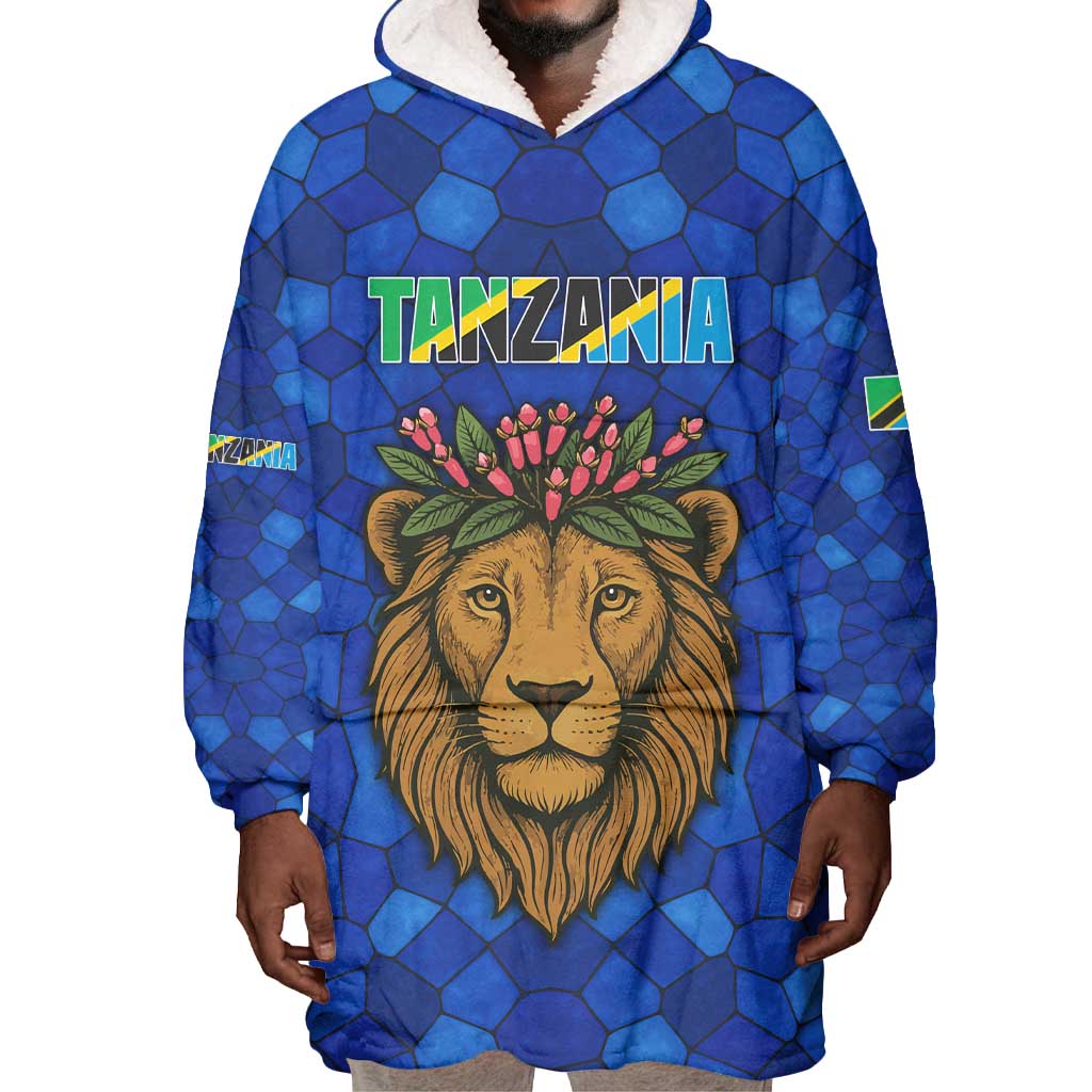 Tanzania Simba Lion Wearable Blanket Hoodie - Floral Crown and Blue Mosaic Design