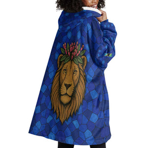 Tanzania Simba Lion Wearable Blanket Hoodie - Floral Crown and Blue Mosaic Design
