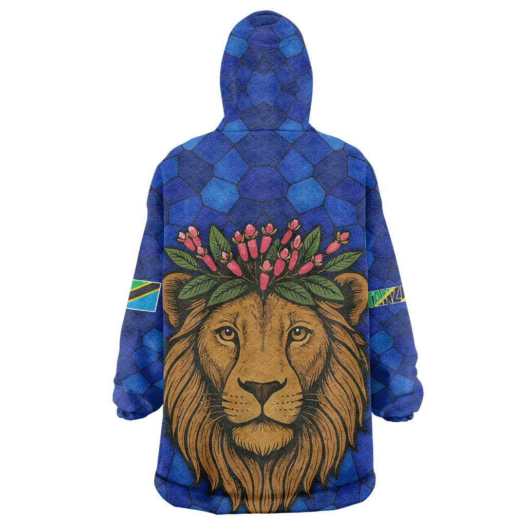 Tanzania Simba Lion Wearable Blanket Hoodie - Floral Crown and Blue Mosaic Design