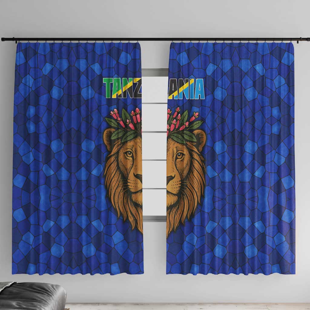 Tanzania Simba Lion Window Curtain - Floral Crown and Blue Mosaic Design