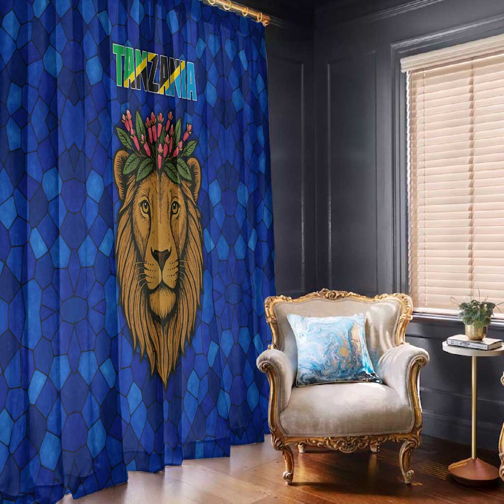 Tanzania Simba Lion Window Curtain - Floral Crown and Blue Mosaic Design