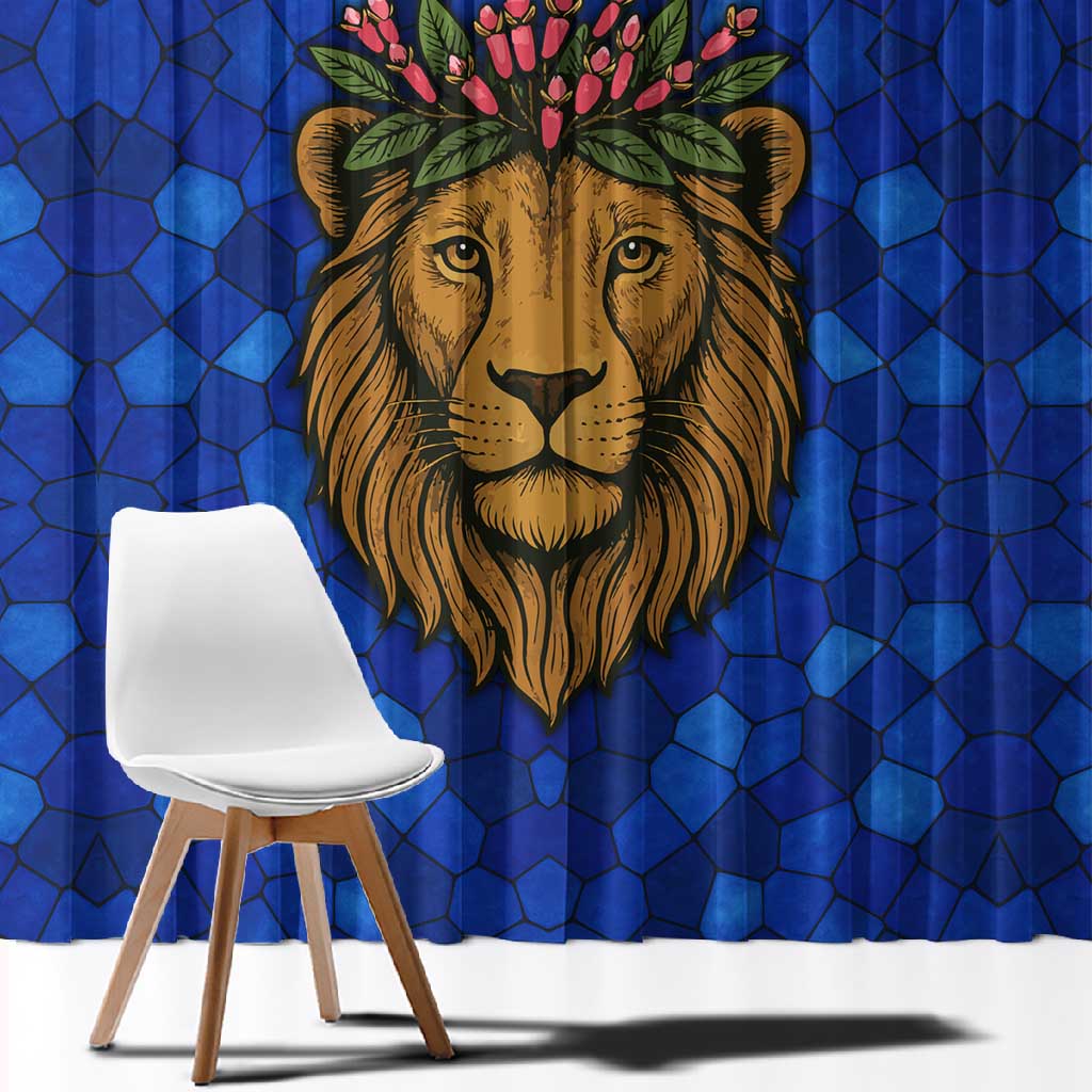 Tanzania Simba Lion Window Curtain - Floral Crown and Blue Mosaic Design