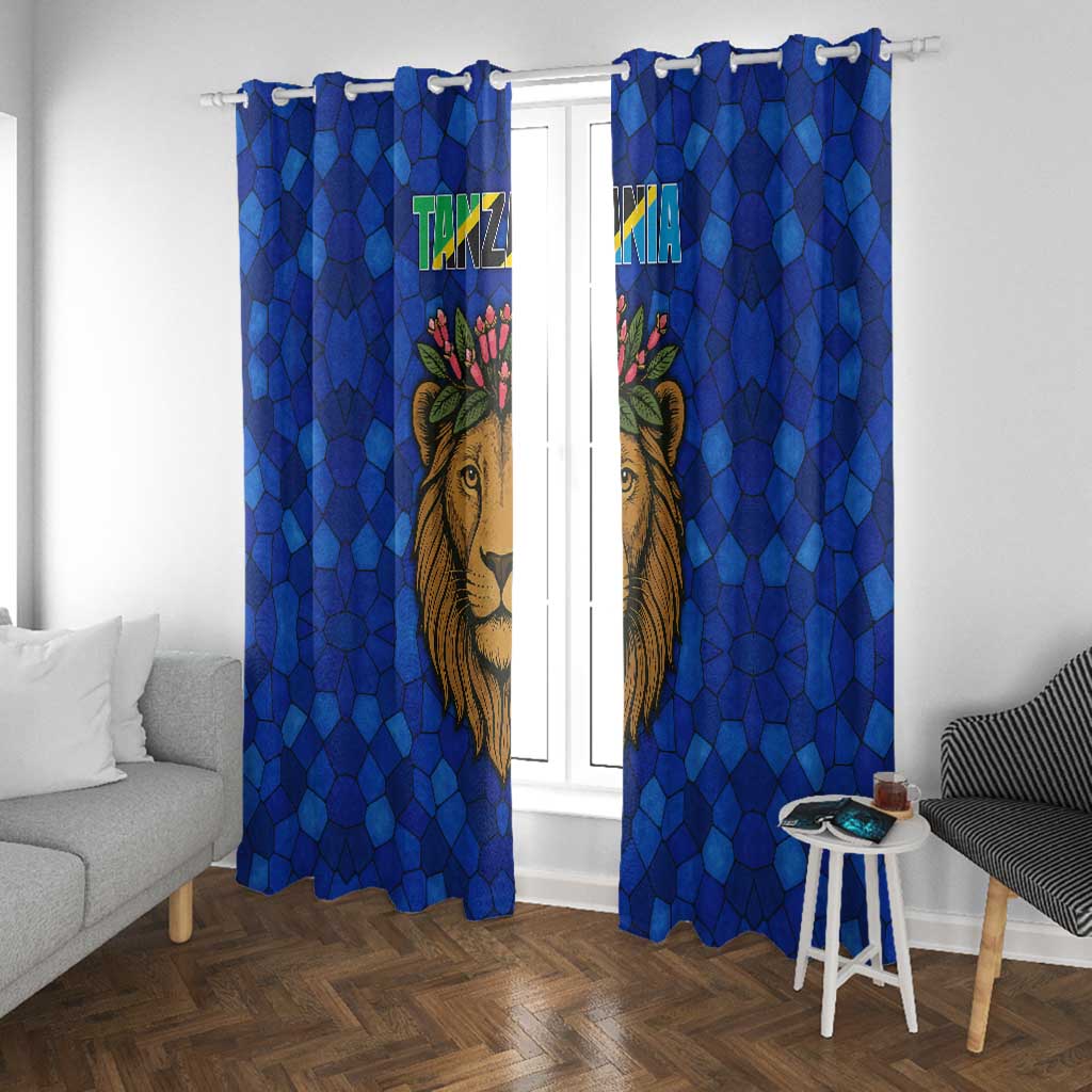 Tanzania Simba Lion Window Curtain - Floral Crown and Blue Mosaic Design