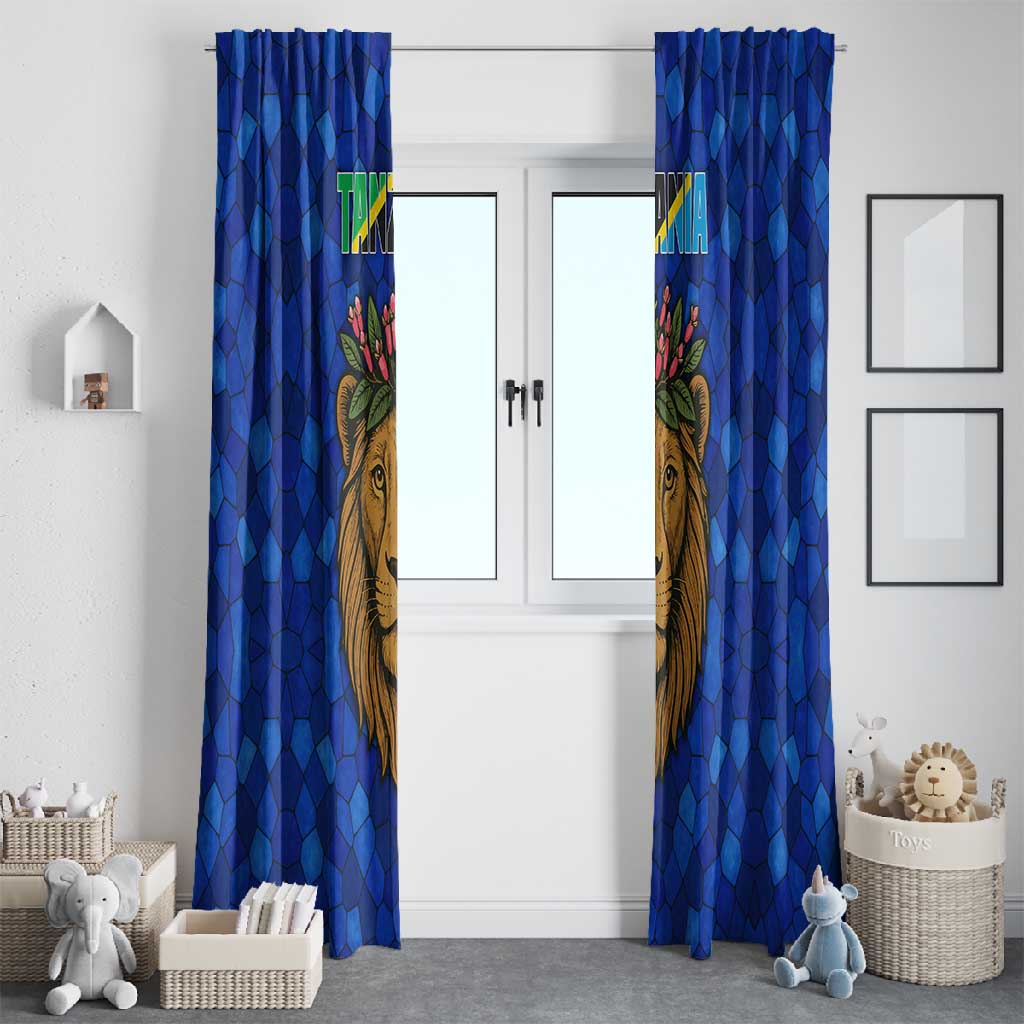 Tanzania Simba Lion Window Curtain - Floral Crown and Blue Mosaic Design