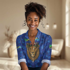 Tanzania Simba Lion Women Casual Shirt - Floral Crown and Blue Mosaic Design