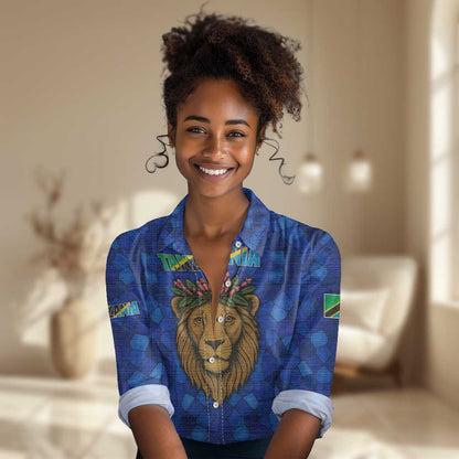 Tanzania Simba Lion Women Casual Shirt - Floral Crown and Blue Mosaic Design