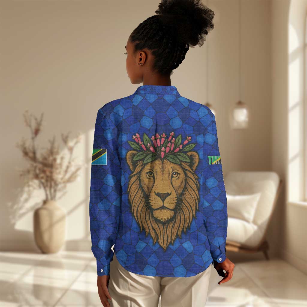 Tanzania Simba Lion Women Casual Shirt - Floral Crown and Blue Mosaic Design