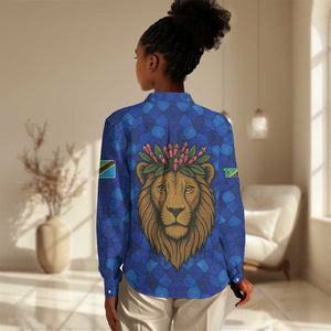 Tanzania Simba Lion Women Casual Shirt - Floral Crown and Blue Mosaic Design