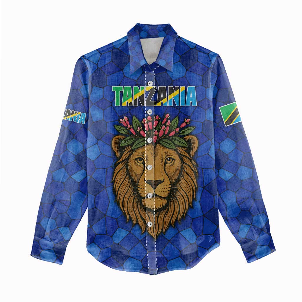 Tanzania Simba Lion Women Casual Shirt - Floral Crown and Blue Mosaic Design