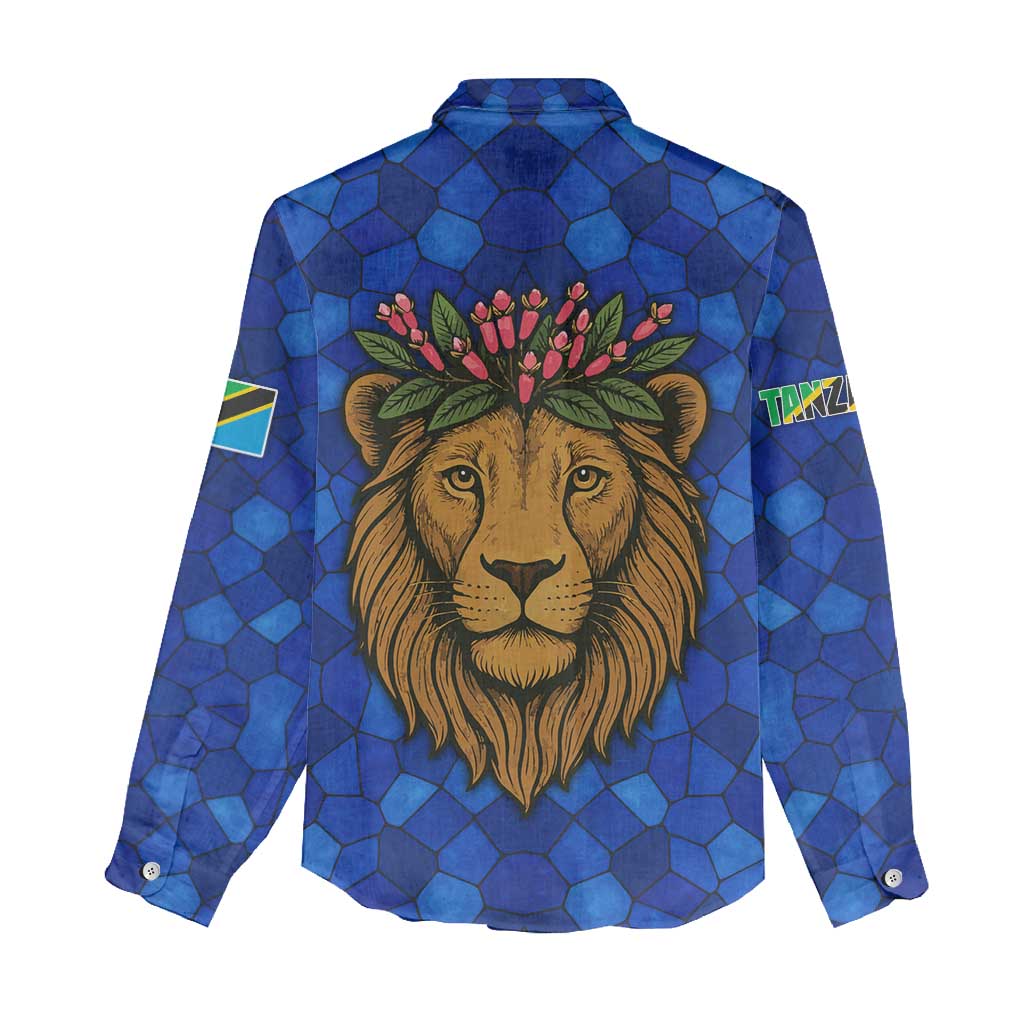 Tanzania Simba Lion Women Casual Shirt - Floral Crown and Blue Mosaic Design