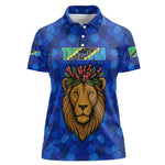Tanzania Simba Lion Women Polo Shirt - Floral Crown and Blue Mosaic Design