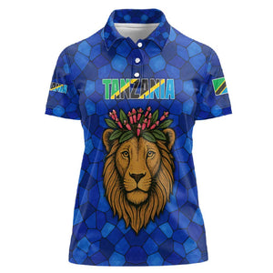 Tanzania Simba Lion Women Polo Shirt - Floral Crown and Blue Mosaic Design