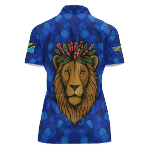 Tanzania Simba Lion Women Polo Shirt - Floral Crown and Blue Mosaic Design