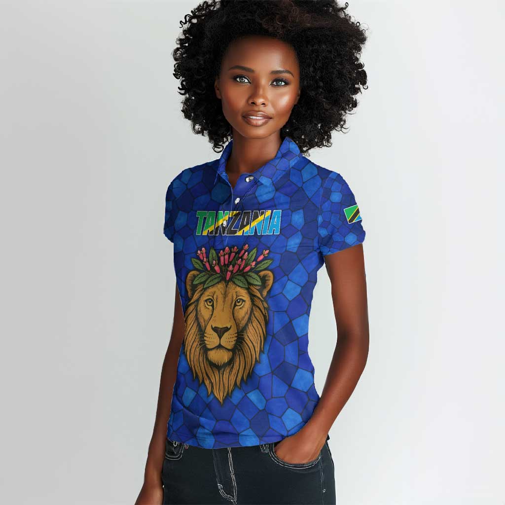 Tanzania Simba Lion Women Polo Shirt - Floral Crown and Blue Mosaic Design