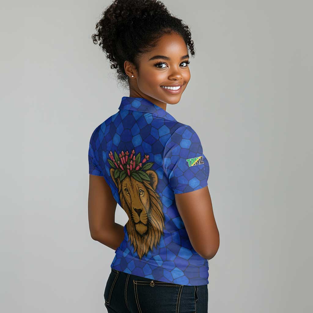 Tanzania Simba Lion Women Polo Shirt - Floral Crown and Blue Mosaic Design